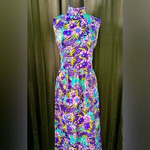 Vintage Purple, Blue Sleeveless Floral Maxi Dress, Size S